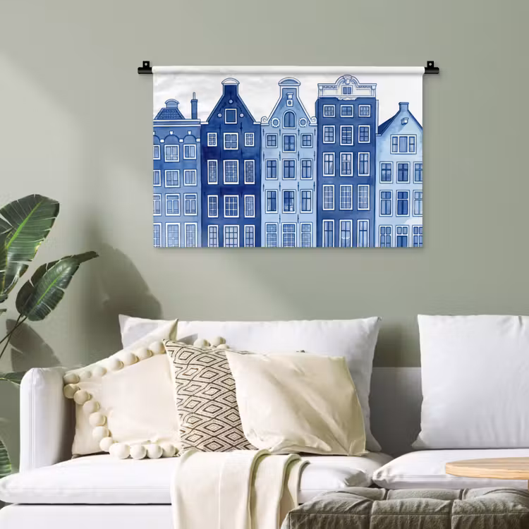 Aquarel - Grachtenpanden - Delfts - Blauw Wandkleed katoen klein -sfeer7