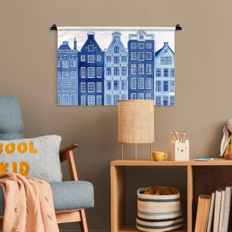 Aquarel - Grachtenpanden - Delfts - Blauw Wandkleed katoen klein -wsfeer4_kind