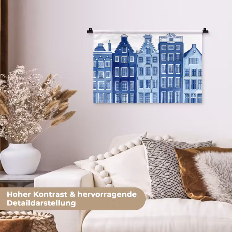 Aquarel - Grachtenpanden - Delfts - Blauw Wandkleed katoen klein -tsfeer1_DE