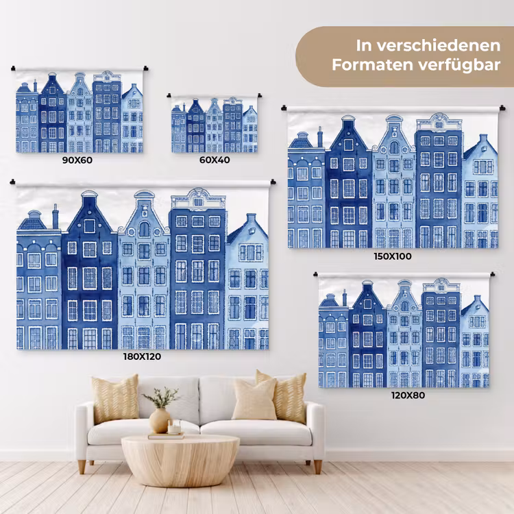 Aquarel - Grachtenpanden - Delfts - Blauw Wandkleed katoen klein -tsfeer8_DE