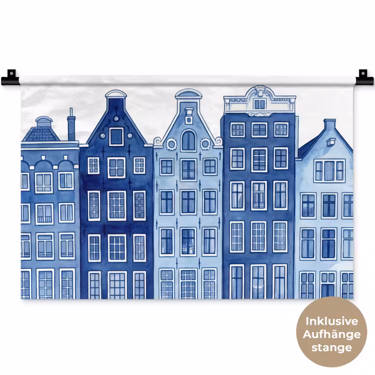 Aquarel - Grachtenpanden - Delfts - Blauw Wandkleed katoen klein -t3d_DE
