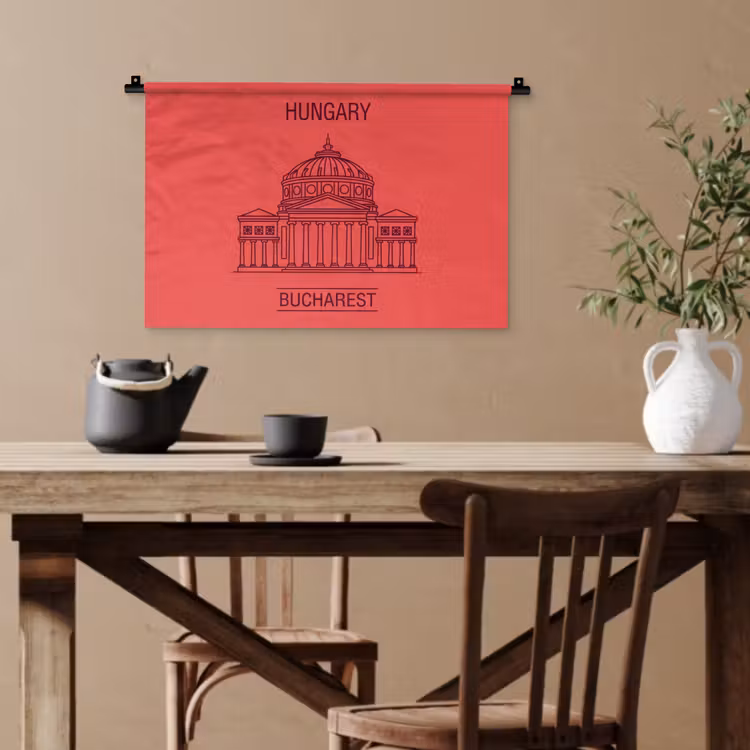 Architectuur - Boekarest - Stedelijk - Lijntekening - Rood Wandkleed katoen klein -sfeer6