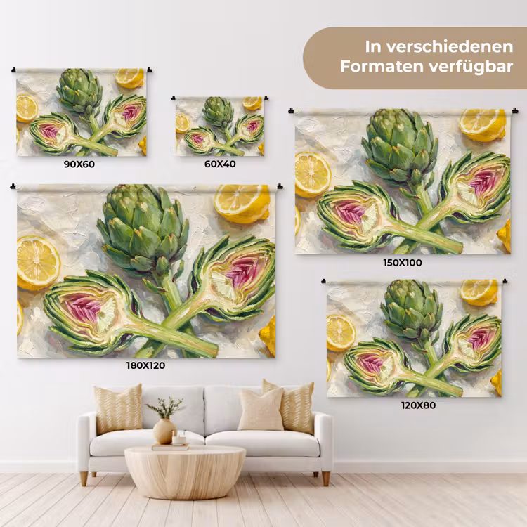 Wandteppich - Artischocke – Zitrone – Essen - Artisjok - Citroen - Eten Wandkleed katoen klein