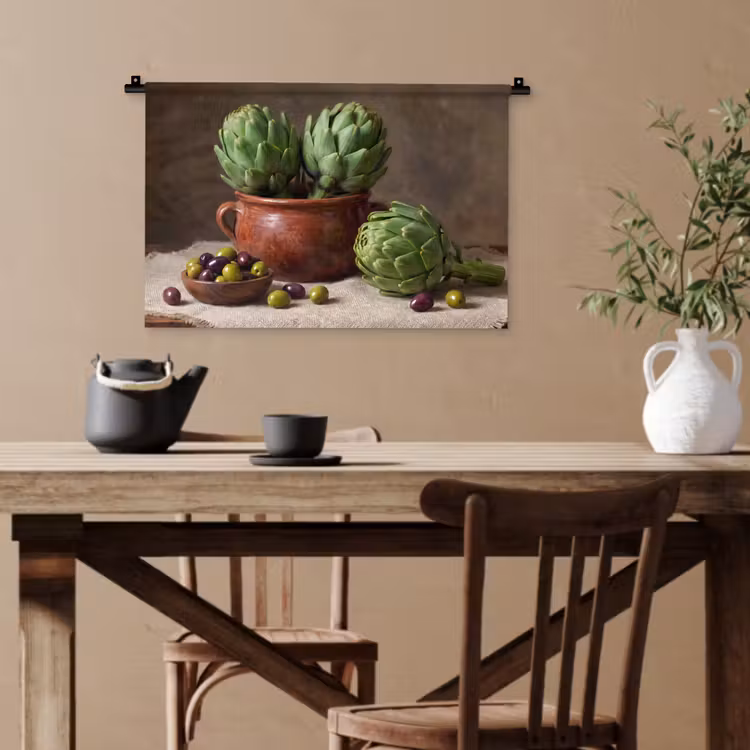 Wandteppich - Artischocken – Oliven – Essen - Artisjokken - Olijven - Eten Wandkleed katoen klein