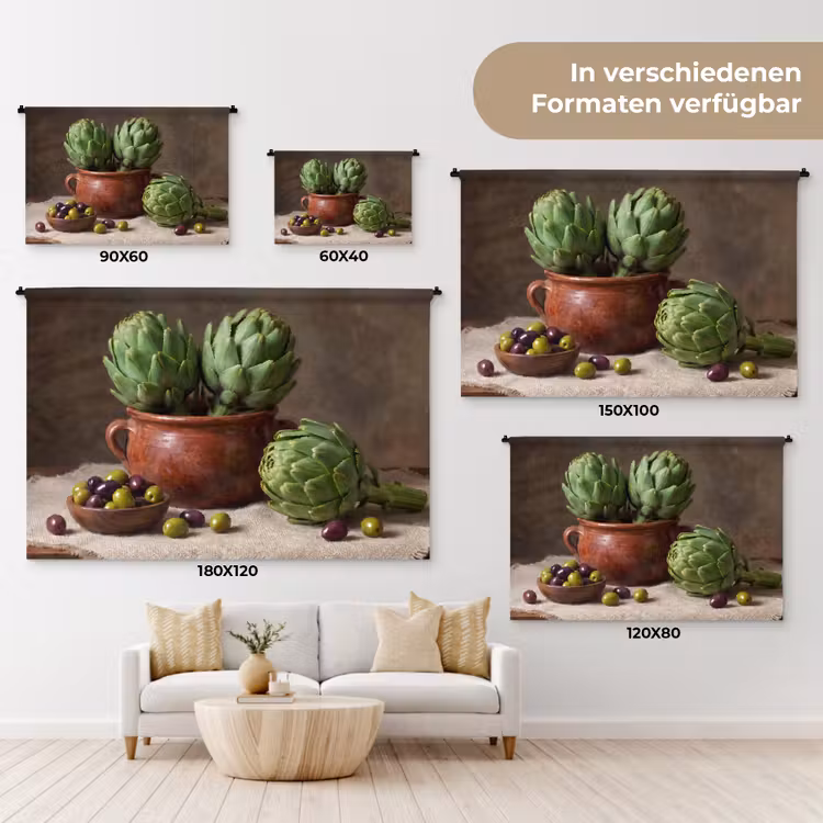 Wandteppich - Artischocken – Oliven – Essen - Artisjokken - Olijven - Eten Wandkleed katoen klein