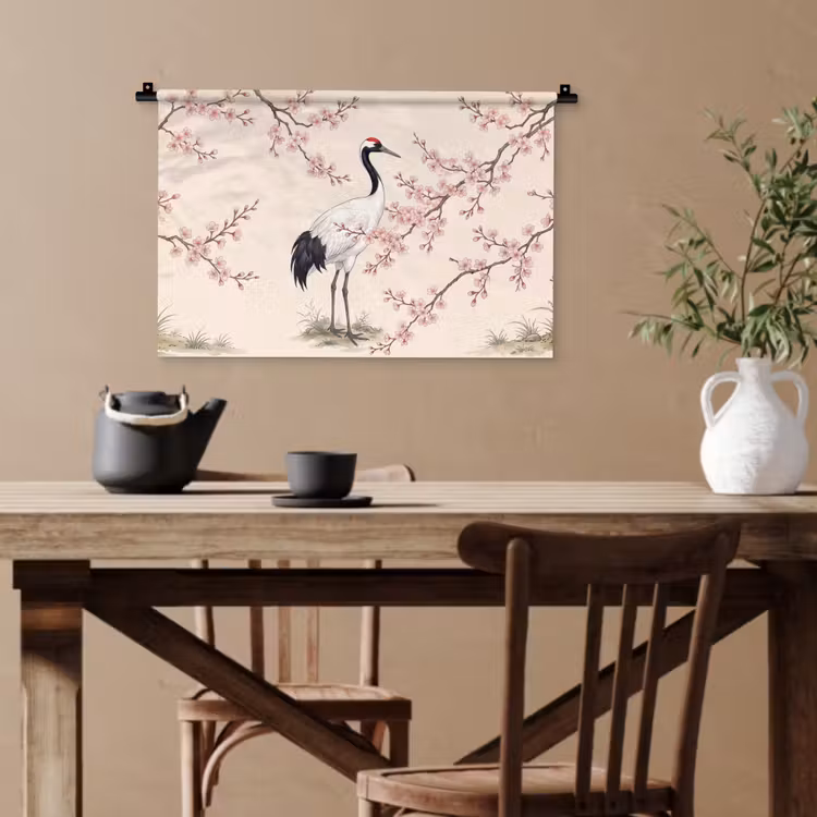 Aziatisch - Kraanvogel - Beige Wandkleed katoen klein -sfeer6