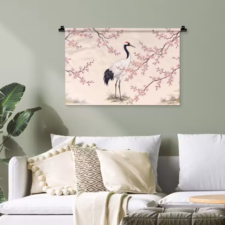 Aziatisch - Kraanvogel - Beige Wandkleed katoen klein -sfeer7