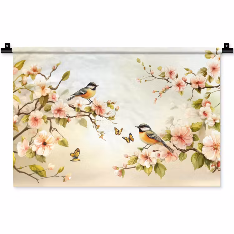 Takken - Bloemen - Vogeltjes - Roze Wandkleed katoen klein -zz3d