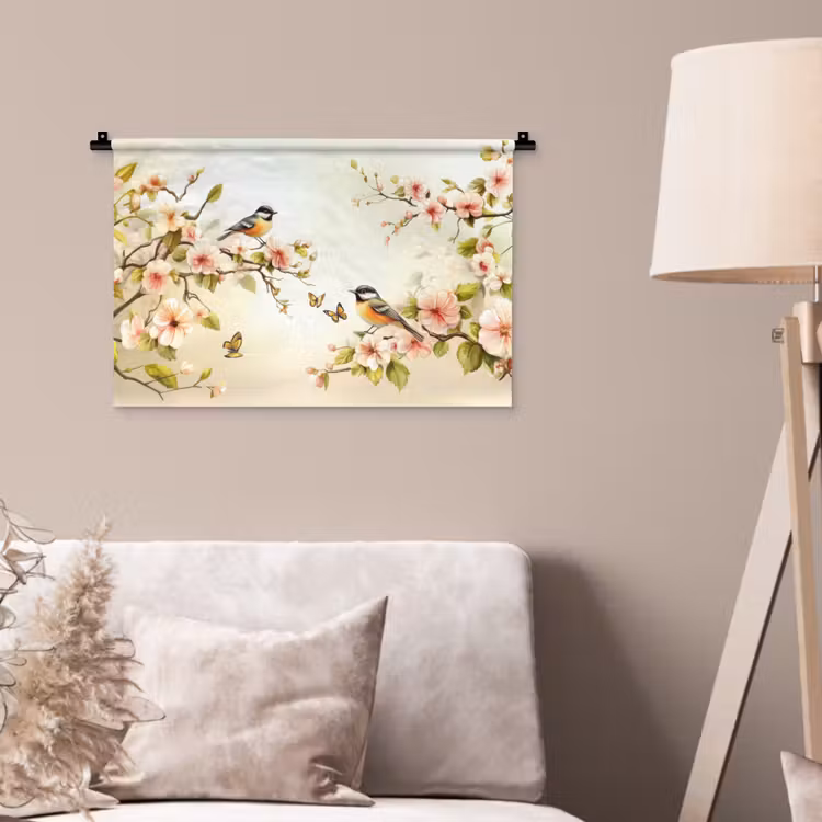 Takken - Bloemen - Vogeltjes - Roze Wandkleed katoen klein -sfeer4