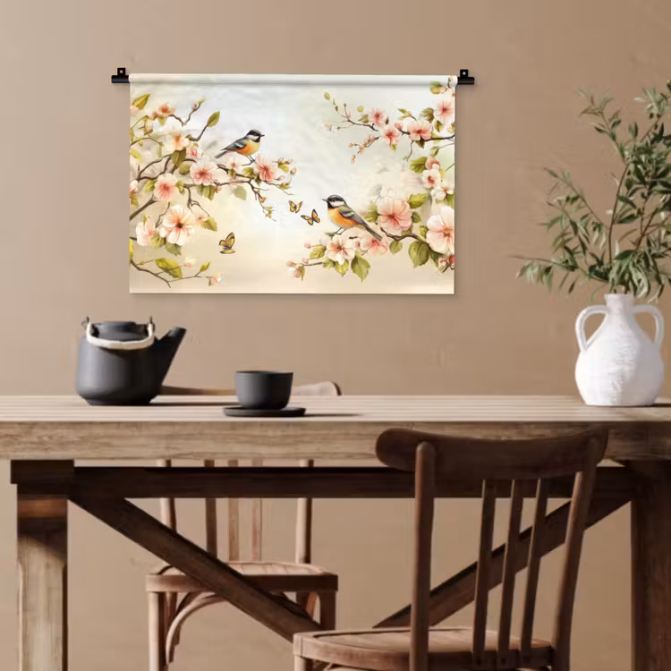 Takken - Bloemen - Vogeltjes - Roze Wandkleed katoen klein -sfeer6