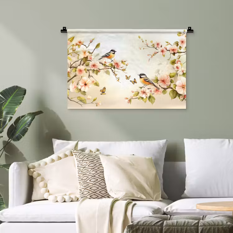 Takken - Bloemen - Vogeltjes - Roze Wandkleed katoen klein -sfeer7
