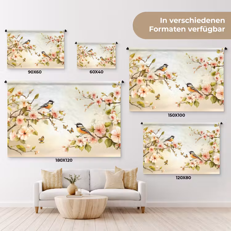 Takken - Bloemen - Vogeltjes - Roze Wandkleed katoen klein -tsfeer8_DE