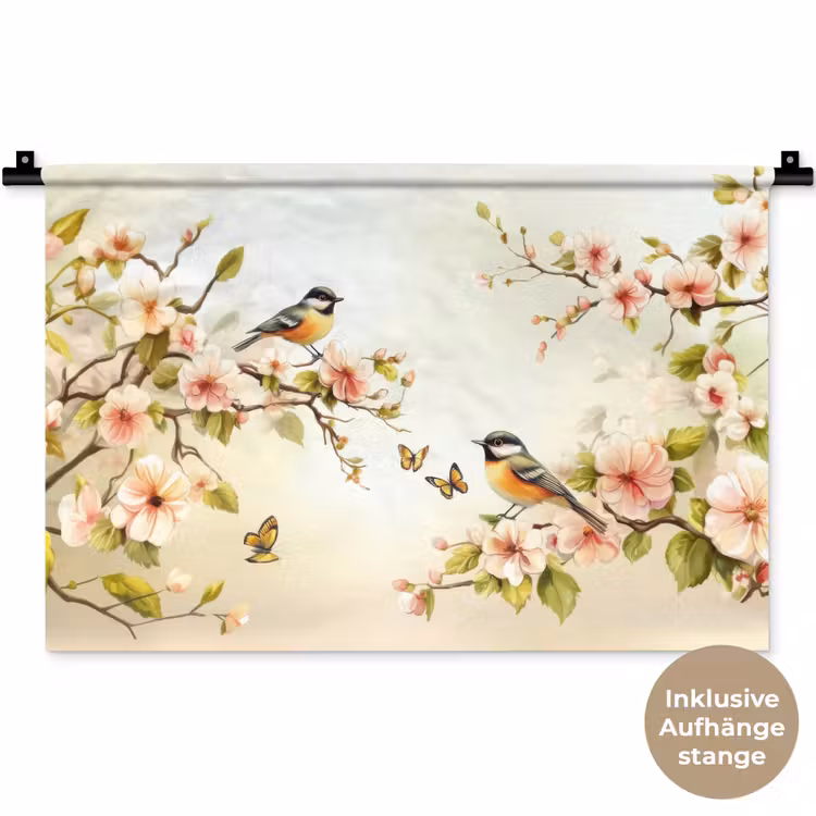 Takken - Bloemen - Vogeltjes - Roze Wandkleed katoen klein -t3d_DE
