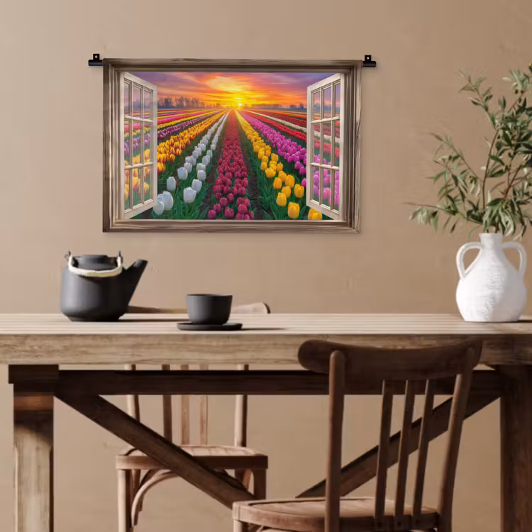 Doorkijk - Bloemen - Tulpen - Kleurrijk - Zonsondergang Wandkleed katoen klein -sfeer6