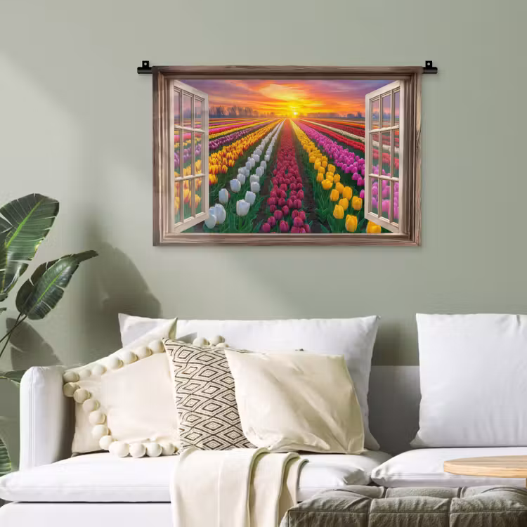 Doorkijk - Bloemen - Tulpen - Kleurrijk - Zonsondergang Wandkleed katoen klein -sfeer7