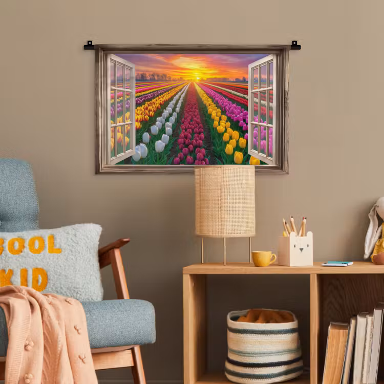 Doorkijk - Bloemen - Tulpen - Kleurrijk - Zonsondergang Wandkleed katoen klein -wsfeer4_kind