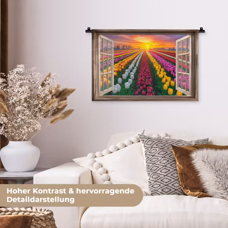 Doorkijk - Bloemen - Tulpen - Kleurrijk - Zonsondergang Wandkleed katoen klein -tsfeer1_DE