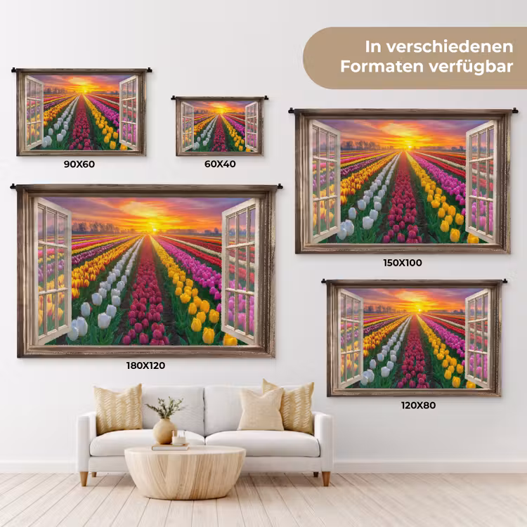 Doorkijk - Bloemen - Tulpen - Kleurrijk - Zonsondergang Wandkleed katoen klein -tsfeer8_DE