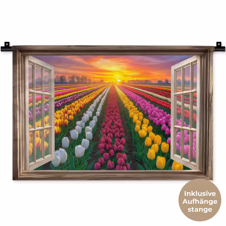 Doorkijk - Bloemen - Tulpen - Kleurrijk - Zonsondergang Wandkleed katoen klein -t3d_DE