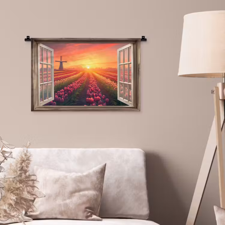 Doorkijk - Tulpen - Zonsondergang - Bloemen - Kleurrijk Wandkleed katoen klein -sfeer4