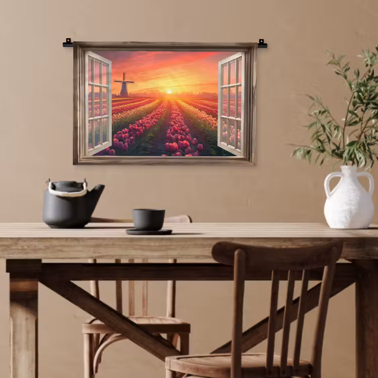 Doorkijk - Tulpen - Zonsondergang - Bloemen - Kleurrijk Wandkleed katoen klein -sfeer6