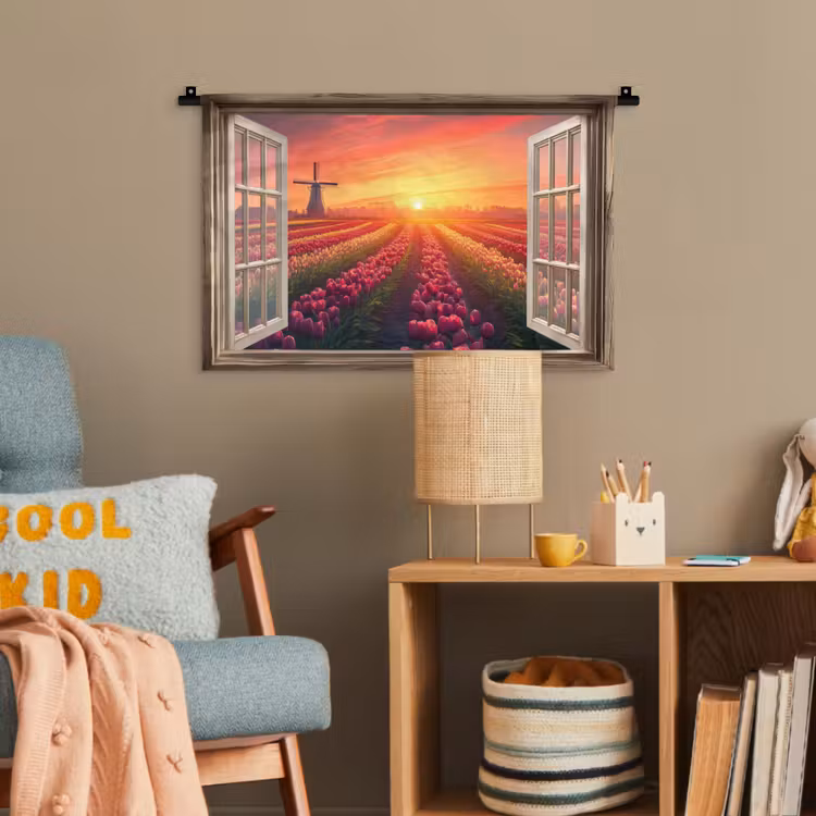 Doorkijk - Tulpen - Zonsondergang - Bloemen - Kleurrijk Wandkleed katoen klein -wsfeer4_kind