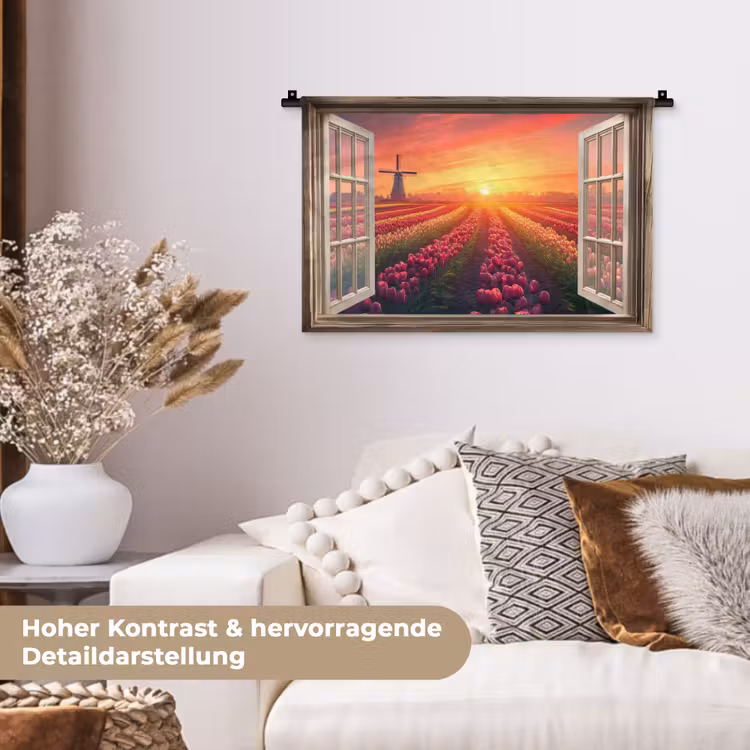 Doorkijk - Tulpen - Zonsondergang - Bloemen - Kleurrijk Wandkleed katoen klein -tsfeer1_DE
