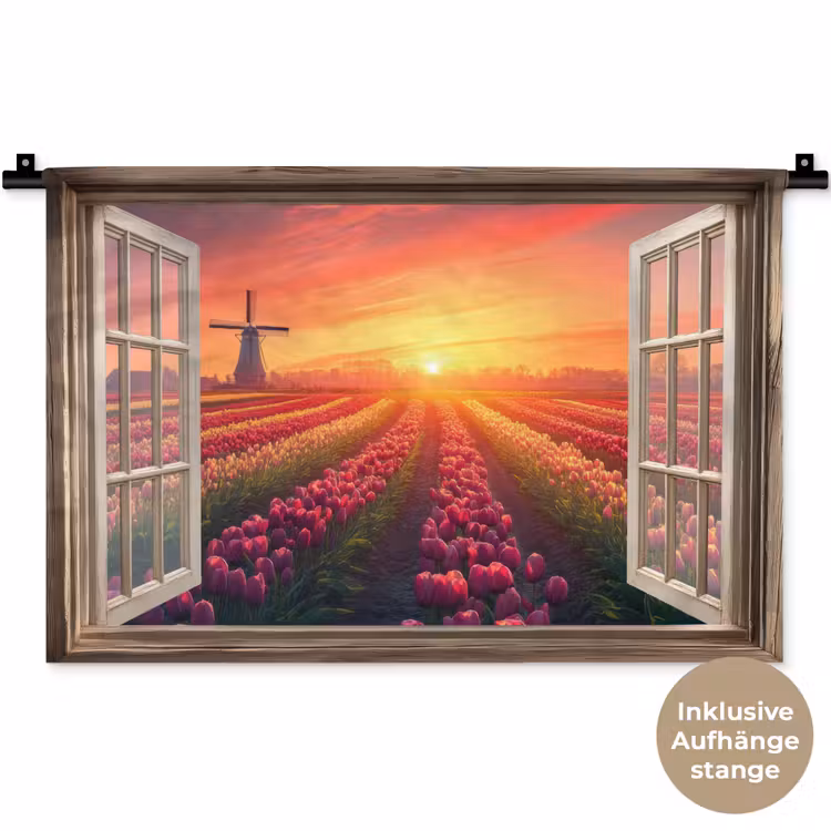 Doorkijk - Tulpen - Zonsondergang - Bloemen - Kleurrijk Wandkleed katoen klein -t3d_DE