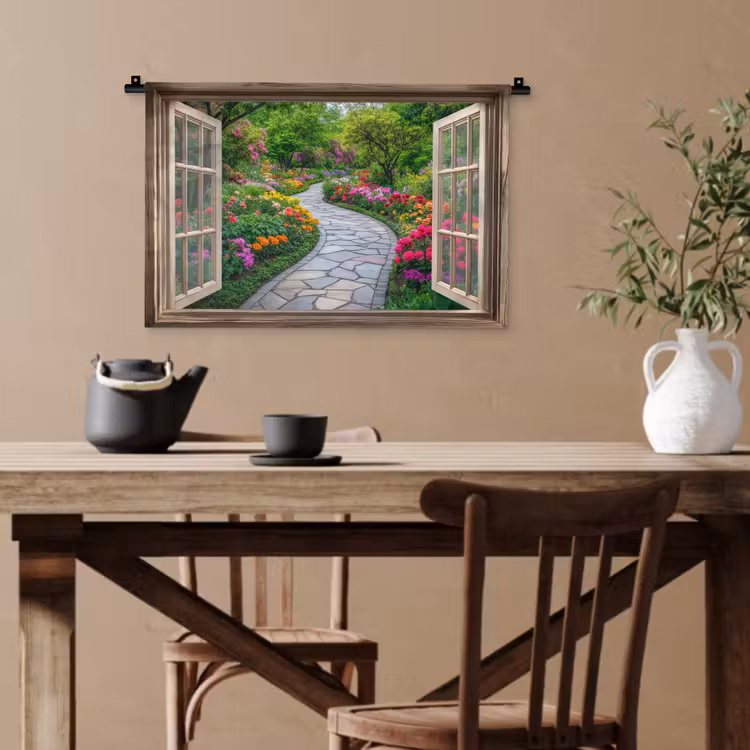Doorkijk - Bloemen - Tuinpad - Natuur - Raam Wandkleed katoen klein -sfeer6
