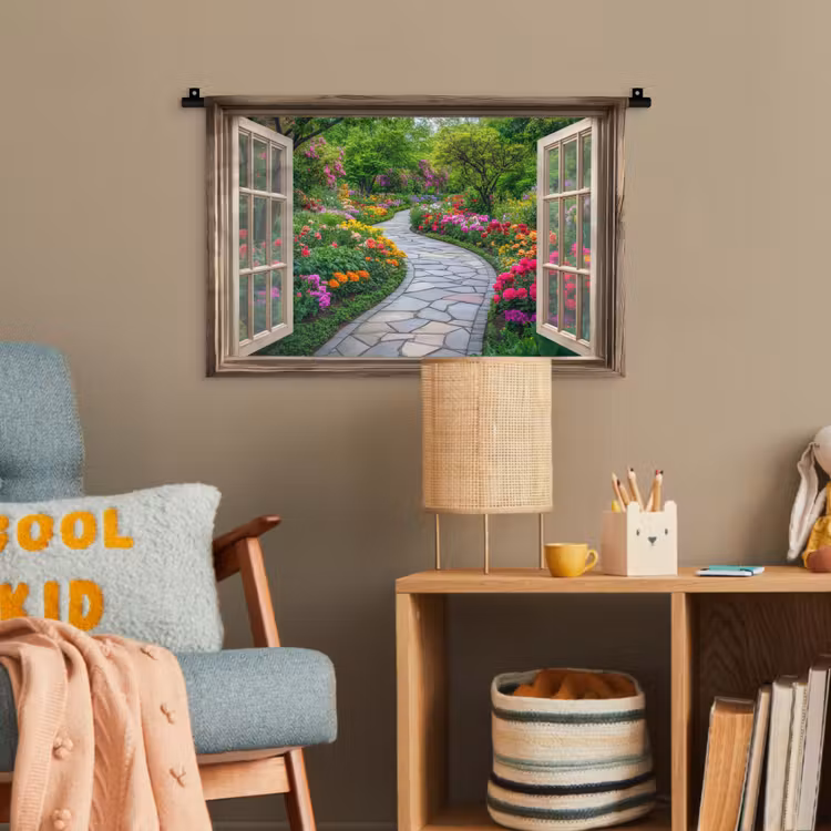 Doorkijk - Bloemen - Tuinpad - Natuur - Raam Wandkleed katoen klein -wsfeer4_kind