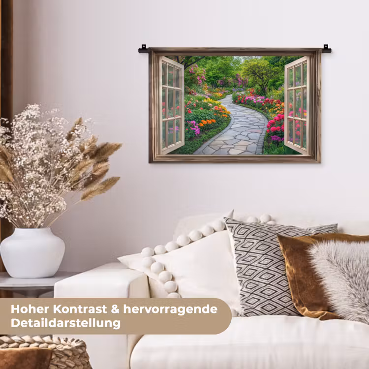 Doorkijk - Bloemen - Tuinpad - Natuur - Raam Wandkleed katoen klein -tsfeer1_DE