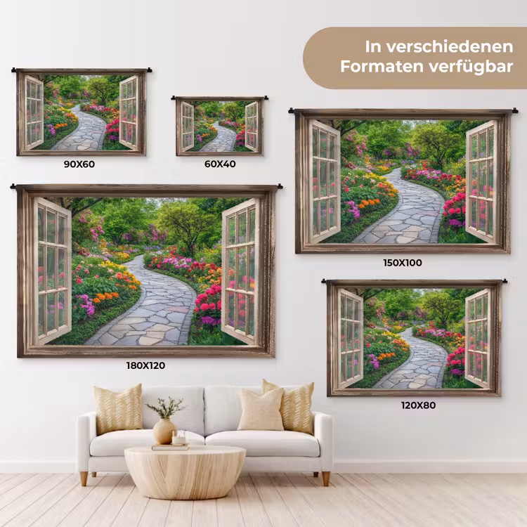 Doorkijk - Bloemen - Tuinpad - Natuur - Raam Wandkleed katoen klein -tsfeer8_DE