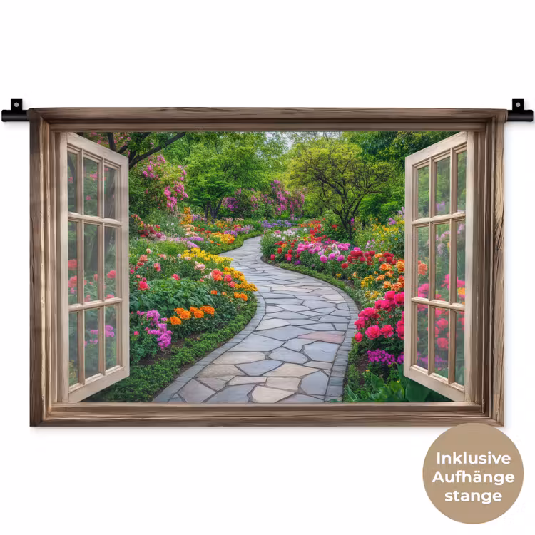 Doorkijk - Bloemen - Tuinpad - Natuur - Raam Wandkleed katoen klein -t3d_DE