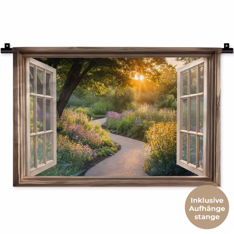 Doorkijk - Bloemen - Natuur - Zon - Pad Wandkleed katoen klein -t3d_DE