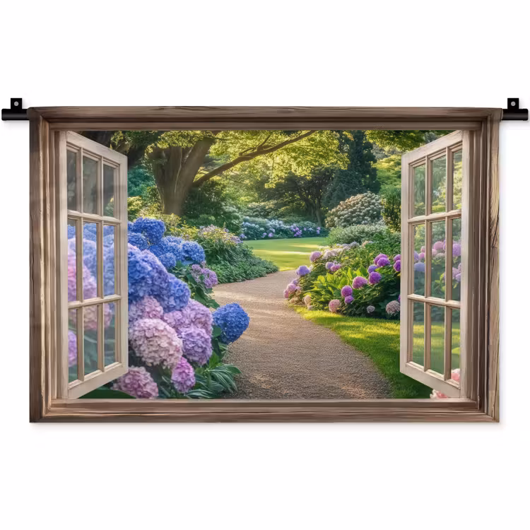 Doorkijk - Tuin - Raam - Hortensia - Bloemen Wandkleed katoen klein -zz3d