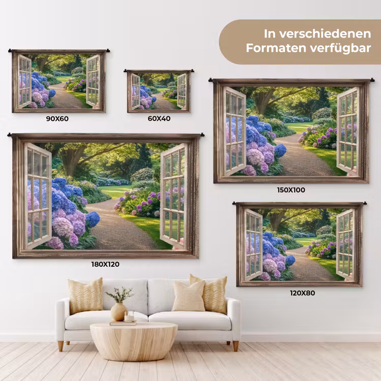 Doorkijk - Tuin - Raam - Hortensia - Bloemen Wandkleed katoen klein -tsfeer8_DE