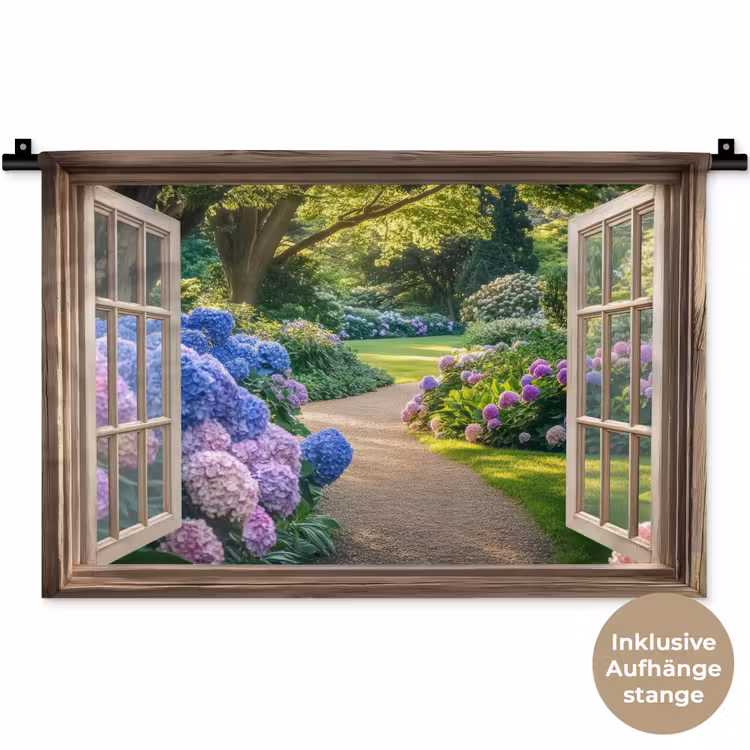 Doorkijk - Tuin - Raam - Hortensia - Bloemen Wandkleed katoen klein -t3d_DE