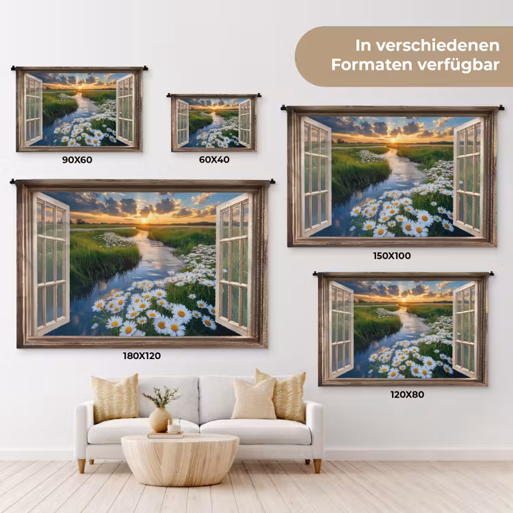 Doorkijk - Landschap - Raam - Water - Zonsondergang Wandkleed katoen klein -tsfeer8_DE