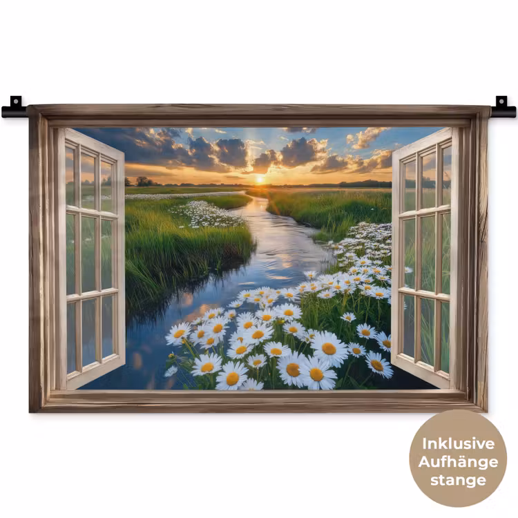 Doorkijk - Landschap - Raam - Water - Zonsondergang Wandkleed katoen klein -t3d_DE