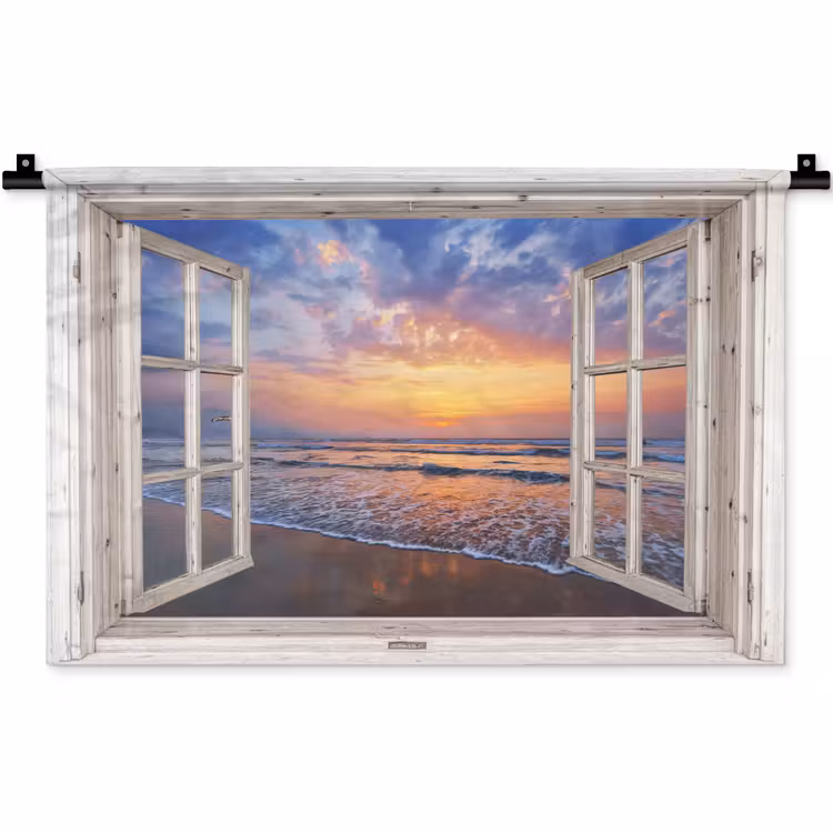 Doorkijk - Zee - Strand - Zonsondergang - Blauw Wandkleed katoen klein -zz3d