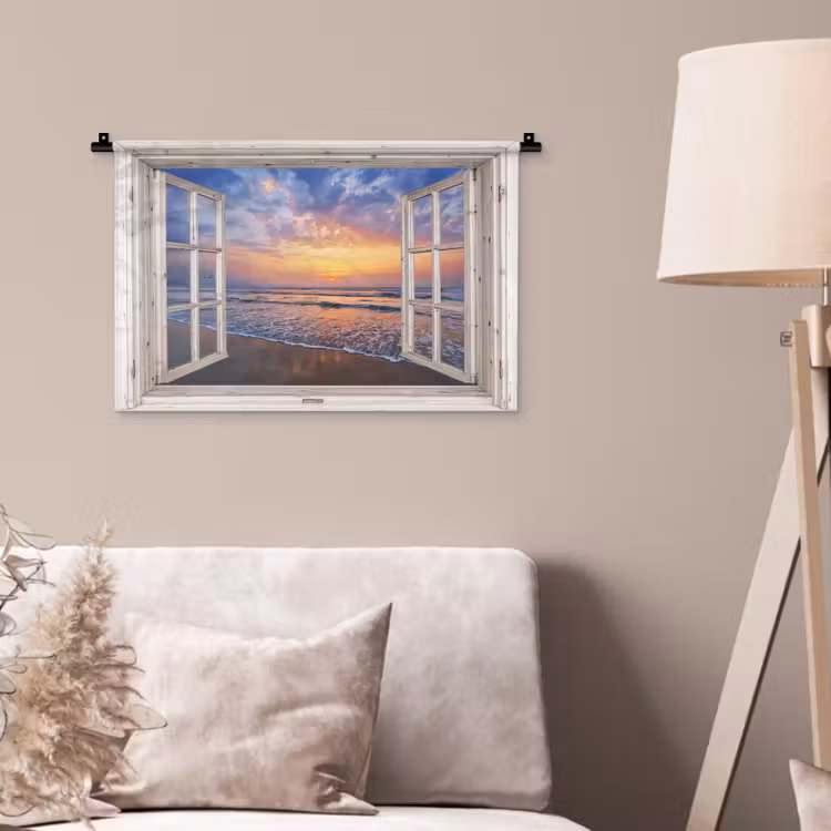 Doorkijk - Zee - Strand - Zonsondergang - Blauw Wandkleed katoen klein -sfeer4