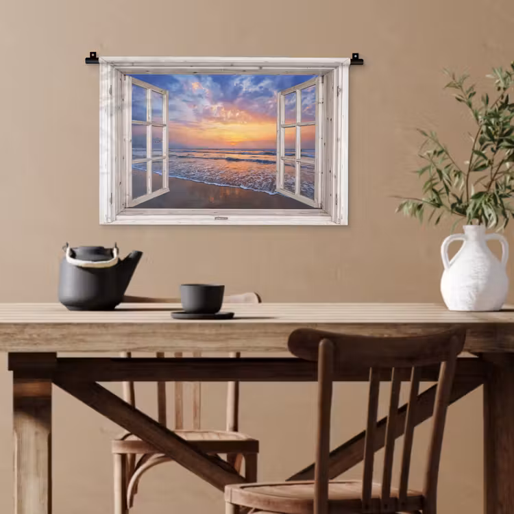 Doorkijk - Zee - Strand - Zonsondergang - Blauw Wandkleed katoen klein -sfeer6