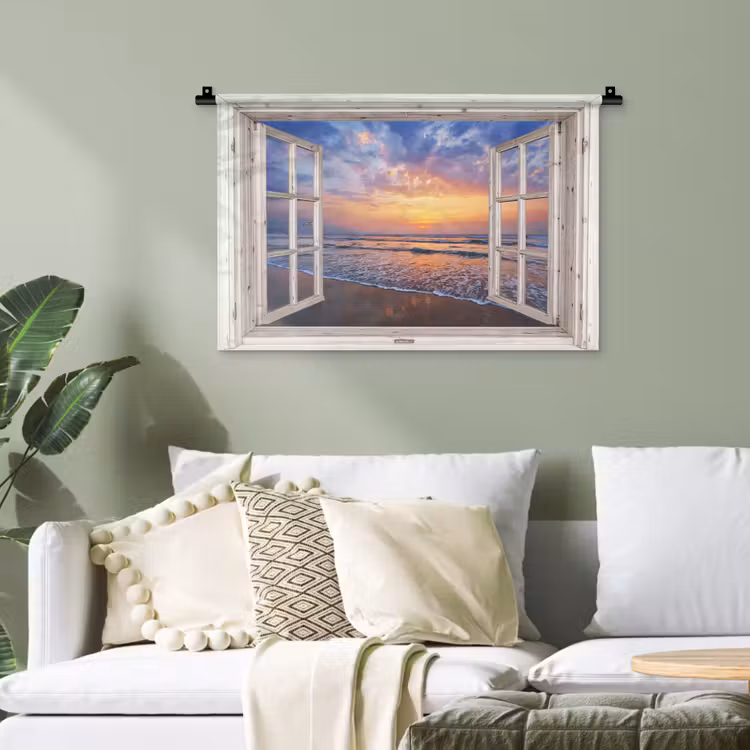 Doorkijk - Zee - Strand - Zonsondergang - Blauw Wandkleed katoen klein -sfeer7