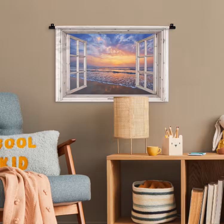 Doorkijk - Zee - Strand - Zonsondergang - Blauw Wandkleed katoen klein -wsfeer4_kind