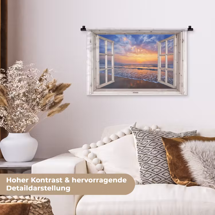 Doorkijk - Zee - Strand - Zonsondergang - Blauw Wandkleed katoen klein -tsfeer1_DE