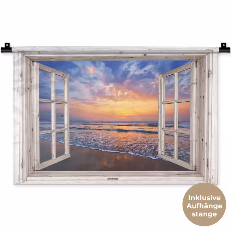 Doorkijk - Zee - Strand - Zonsondergang - Blauw Wandkleed katoen klein -t3d_DE