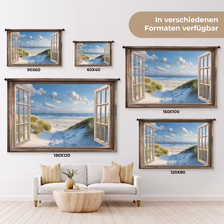 Doorkijk - Strand - Raam - Duinen - Zee Wandkleed katoen klein -tsfeer8_DE