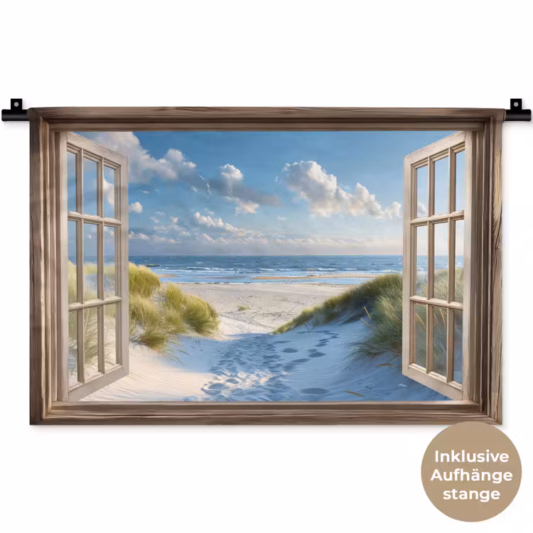Doorkijk - Strand - Raam - Duinen - Zee Wandkleed katoen klein -t3d_DE