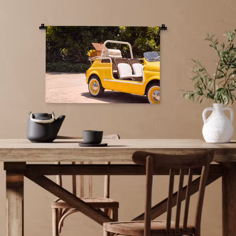 Auto - Picknick - Zomer - Geel Wandkleed katoen klein -sfeer6