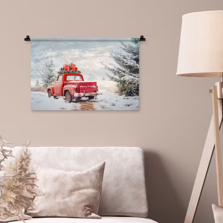 Auto - Rood - Cadeaus - Winter - Sneeuw - Kerst Wandkleed katoen klein -sfeer4